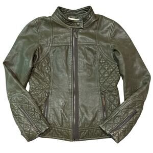 Michael Kors Green Leather Biker Moto Jacket quilted pattern size Small